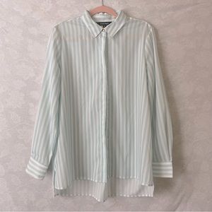 ELLEN TRACY| Button Down Long Sleeve Blouse Light Blue & White Pin striped